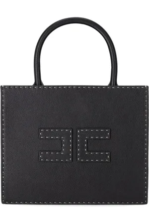Elisabetta Franchi Taske, Dame, Sort, ONE SIZE, Uld, Sort Pebbled Håndtaske med Logo Patch