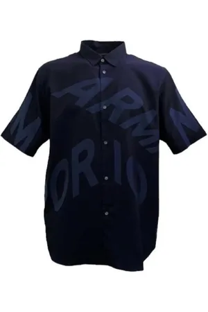 Emporio Armani Skjorte, Herre, Blå, L, Bomuld, Kortærmet Over Fit Skjorte med Maxi Logo