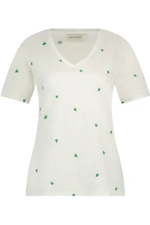 Fabienne Chapot Top, Dame, Hvid, XS, Bomuld, Grønt Hjerte Broderet V-hals T-shirt