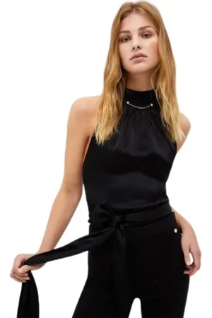 Liu Jo Top, Dame, Sort, M, Silkebluse med halterneck og juvelbesætning