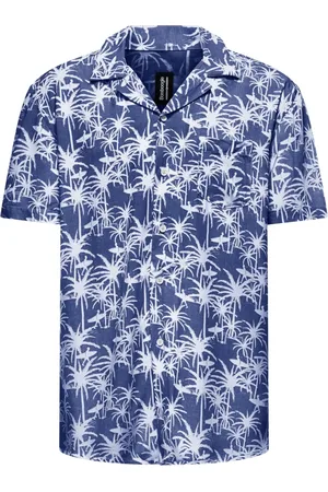 Bomboogie Skjorte, Herre, Blå, 2XL, Uld, Palm Print Bowling Collar Skjorte