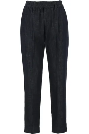 Brunello Cucinelli Bukser, Dame, Blå, XL, Bomuld, Blå bomulds slim-fit bukser med elastisk talje