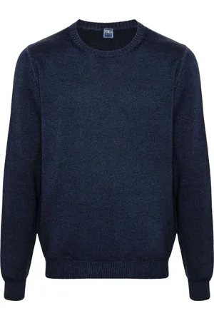 FEDELI Strik, Herre, Blå, M, Uld, Merinould Rundhals Jersey