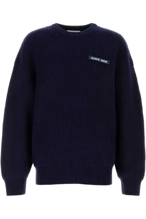 Marine Serre Strik, Herre, Blå, XL, Uld, Half Cardigan Knit Crewneck Sweater