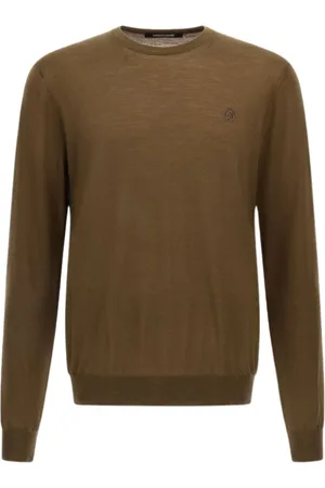 Roberto Cavalli Strik, Herre, Brun, L, Uld, Brun Logo Sweater Crew Neck