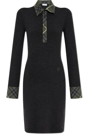 Burberry Kjole, Dame, Sort, S, Uld, Figursyet uld midi-kjole med mønstret kant