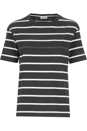 Brunello Cucinelli Top, Dame, Grå, S, Bomuld, Stribet Grå Bomuldst-shirt med Messingdetaljer