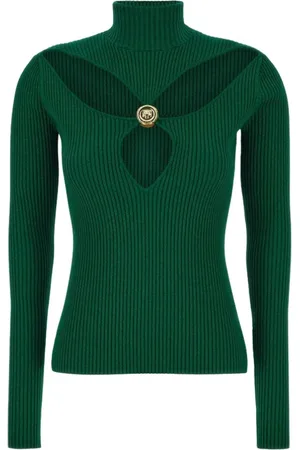 Roberto Cavalli Strik, Dame, Grøn, XL, Ribbet Lurex Pullover med Cut-outs