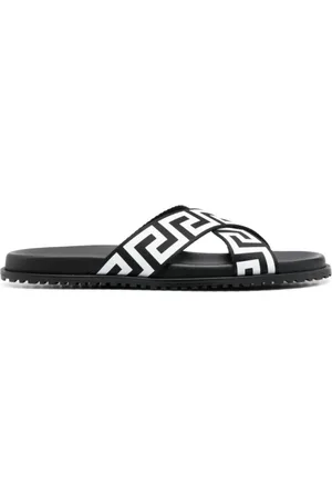 VERSACE Sko, Herre, Sort, 40 EU, Græsk Print Slide Sandaler