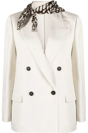 Brunello Cucinelli Jakke, Dame, Hvid, XS, Bomuld, Double-Breasted Blazer med tørklædedetalje