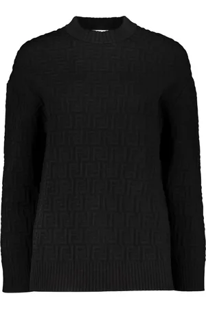 Fendi Strik, Dame, Sort, S, Polyester, Ribstrikket sweater med FF-motiv