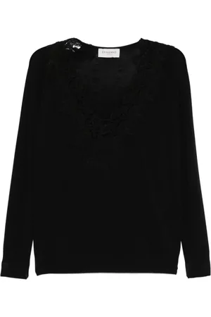 ERMANNO SCERVINO Strik, Dame, Sort, S, V-hals sweater med ribstrikkede manchetter