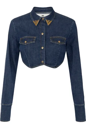 Elisabetta Franchi Bluser & Skjorter, Dame, Blå, M, Denim, Denim Cropped Skjorte med Juveldetaljer
