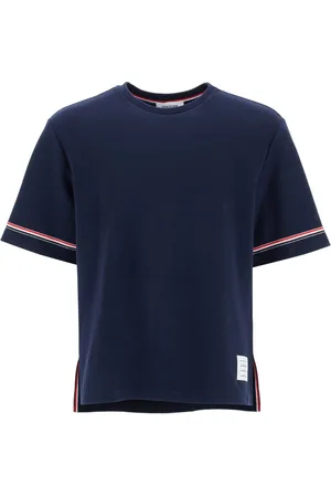 Thom Browne Top, Herre, Blå, M, Bomuld, Navy Stribet T-shirt med Bred Halsudskæring