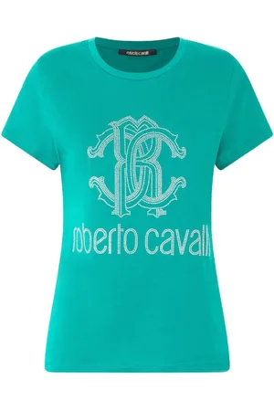 Roberto Cavalli Top, Dame, Grøn, L, Bomuld, Studded Monogram Crew Neck Cotton T-Shirt