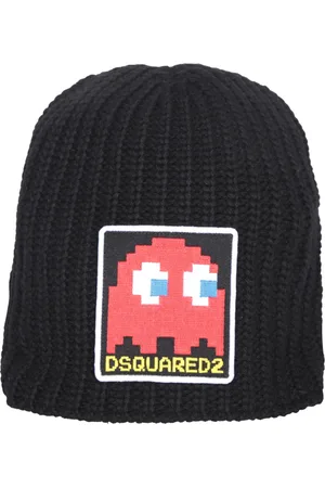 Dsquared2 Tilbehør, Herre, Sort, ONE SIZE, Uld, Strikket Beanie med Logo Patch