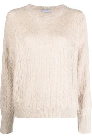 Brunello Cucinelli Strik, Dame, , XS, Uld, Brun Metallic Kabelstrikket Sweater
