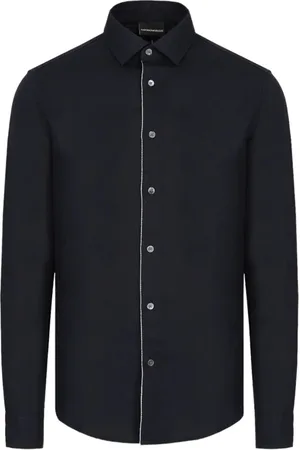 Emporio Armani Skjorte, Herre, Sort, M, Linned, Regular Fit Blå Linnedskjorte med Ørnelogo