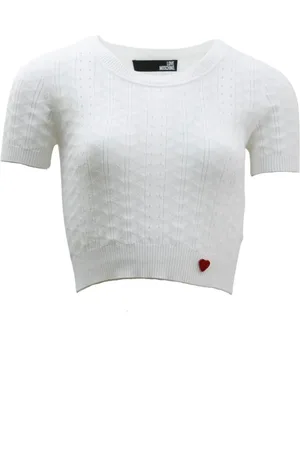 Moschino Top, Dame, Hvid, XS, Bomuld, Kortærmet bomulds T-shirt med rødt hjerteindsats
