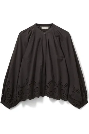 Sofie Schnoor Bluser & Skjorter, Dame, Sort, XS, Bomuld, Feminin Skjorte med Pufærmer og Broderidetaljer