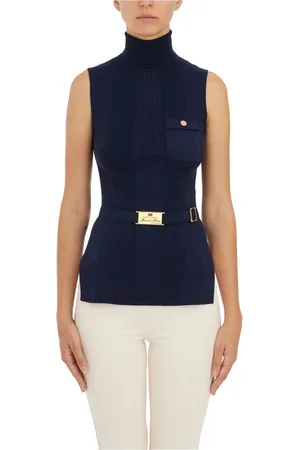 Elisabetta Franchi Top, Dame, Blå, L, Ribstrikket Dolcevita Top