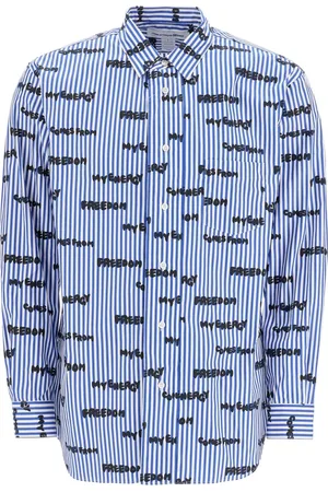 Comme des Garçons Skjorte, Herre, Blå, L, Bomuld, Stribet skjorte med tryk og bogstaver