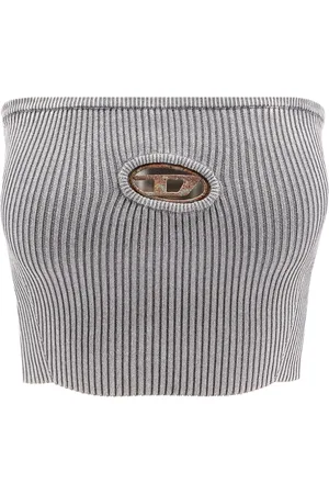 Diesel Top, Dame, Grå, L, Bomuld, Ribstrikket Cropped Top med Ovalt D-detalje