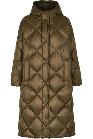 Stand Studio Frakke, Dame, Grøn, L, Uld, Diamond Quilted Vinterfrakke med Hætte