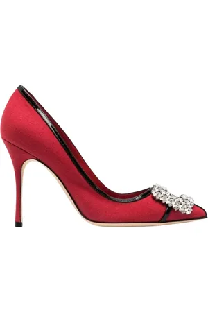 Manolo Blahnik Sko, Dame, Rød, 36 1/2 EU, Bomuld, Røde Tuberian hæle med krystal spænde