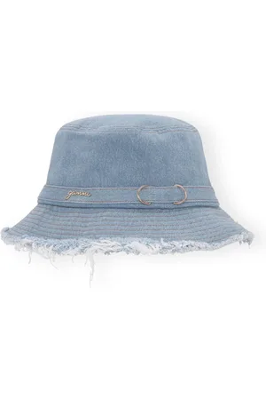 Ganni Tilbehør, Dame, Blå, XS/S, Denim, Denim Bucket Hat med Frynser