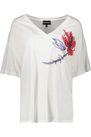 Emporio Armani Top, Dame, Hvid, S, Bomuld, Blomstret T-shirt med Logo på Ryggen