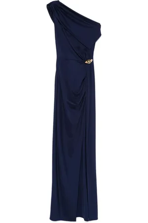 Elisabetta Franchi Kjole, Dame, Blå, M, Navy Kjole med Drapering og Slids