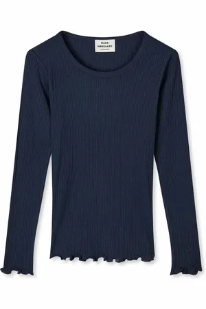 Mads Norgaard Top, Dame, Blå, S, Uld, Parisian Night Bluse med Krøllede Kanter