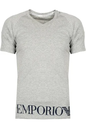Emporio Armani Top, Herre, Grå, XL, Fitted V-Neck T-shirt med brandprint