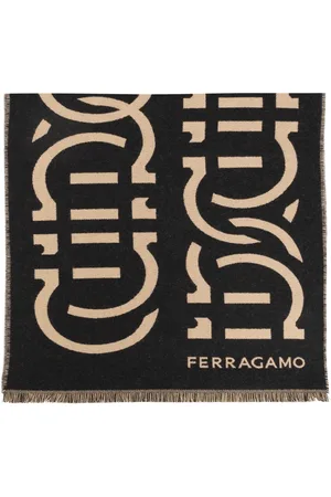 Salvatore Ferragamo Tilbehør, Herre, Sort, ONE SIZE, Uld, Logo Jacquard Frayed-Edge Scarf