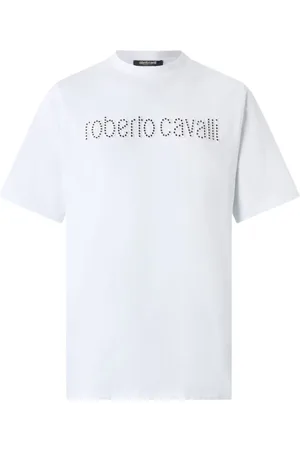 Roberto Cavalli Top, Herre, Hvid, S, Bomuld, T-shirt med nitter og logo i bomuld