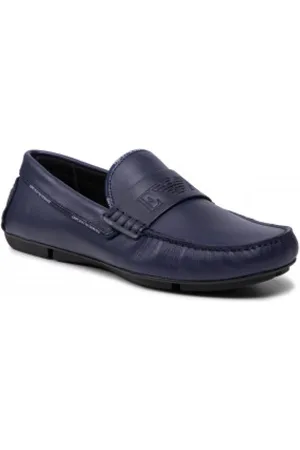 Emporio Armani Sko, Herre, Blå, 40 1/2 EU, Læder, Blå Læder Logo Moccasin