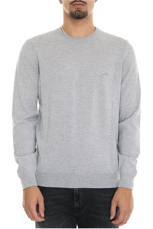 HUGO BOSS Strik, Herre, Grå, 2XL, Uld, Rundhalset uldpullover med logo