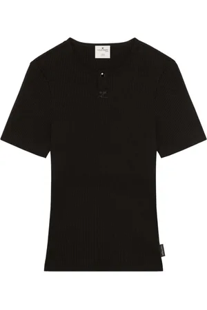 Courrèges Top, Herre, Sort, S, Bomuld, Sort ribbet T-shirt med broderet logo