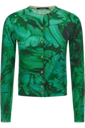 Roberto Cavalli Strik, Dame, Grøn, S, Uld, Grøn Malakit Print Cardigan Kvinde