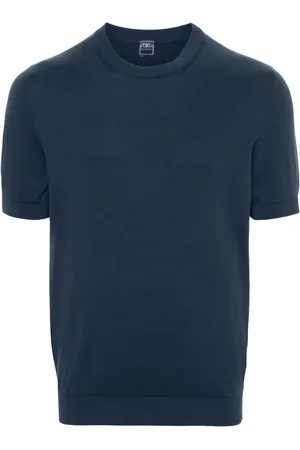 FEDELI Strik, Herre, Blå, 2XL, Bomuld, Blå bomulds sweater, finstrikket
