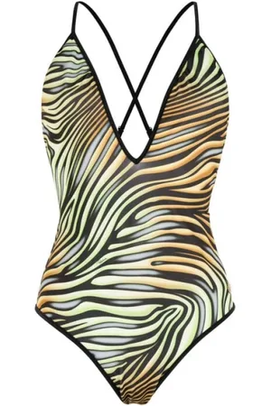 Roberto Cavalli Badetøj, Dame, Flerfarvet, XS, Uld, Zebra Badedragt Plunge V-neck Crossover Stropper