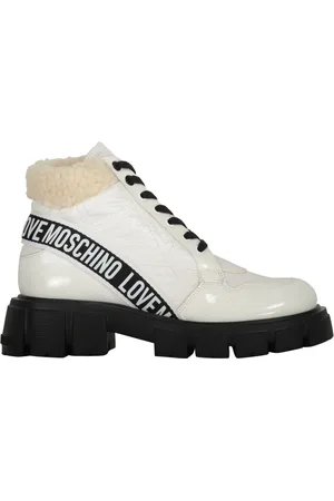 Moschino Sko, Dame, Hvid, 39 EU, Uld, Kontrasterende snørestøvletter med lakdetaljer