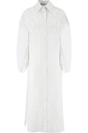 ERMANNO SCERVINO Kjole, Dame, Hvid, S, Linned, Linned Kjole med Lange Ærmer og Blonder