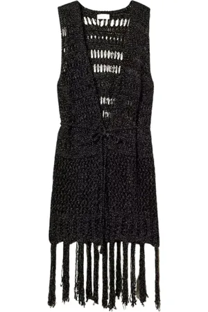 Twin-Set Jakke, Dame, Sort, ONE SIZE, Polyester, Sorte Jakker med Frynser og Bælte