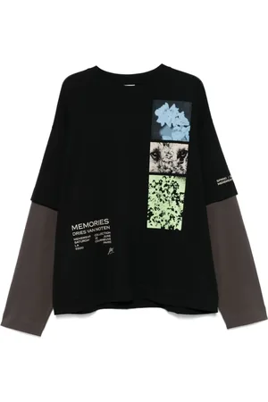 DRIES VAN NOTEN Top, Herre, Sort, S, Sort Langærmet Top med Sort Grafikprint