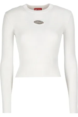 Diesel Strik, Dame, Hvid, M, Ribstrikket viskose sweater med metallogo