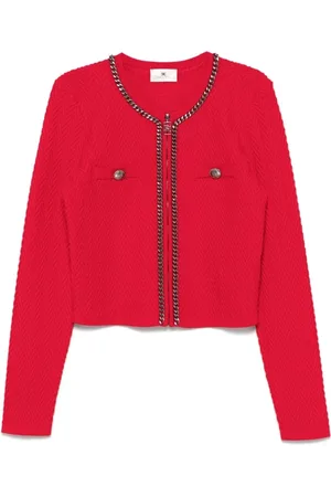 Elisabetta Franchi Strik, Dame, Rød, S, Crimson Herringbone Sweater Zip Crew Neck