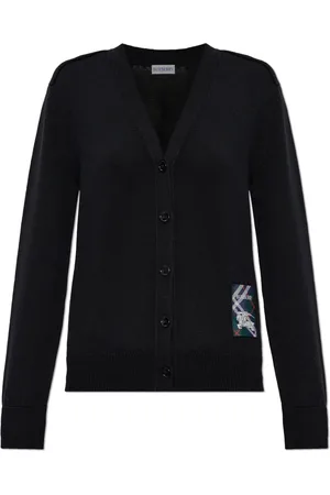 Burberry Strik, Dame, Sort, S, Uld, Uld Cardigan med Logo Patch
