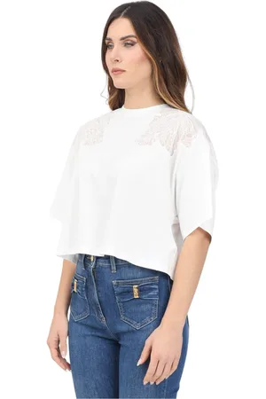 Elisabetta Franchi Bluser & Skjorter, Dame, Hvid, XS, Bomuld, Modern Cropped T-shirt med blomsterblonde